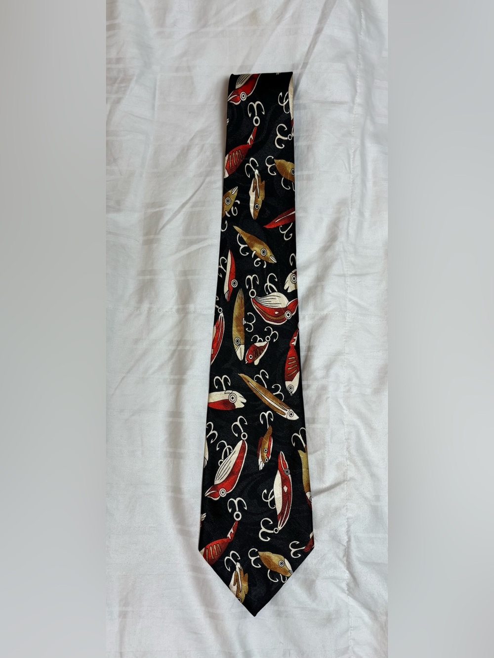 Novelty Men's Black Tie with Red and Gold Fishing Lure Print
